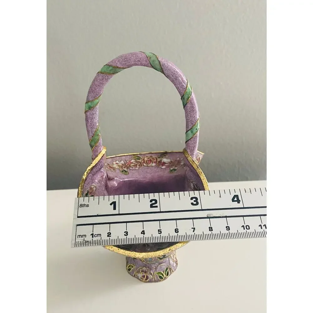 Vintage Chinese Cloisonne Lavender Purple Basket Vase Brass Floral Enamel, 6.25